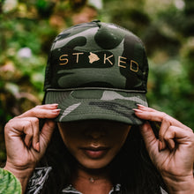 Load image into Gallery viewer, Stoked Big Island Camo Trucker Hat