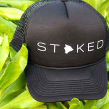 Load image into Gallery viewer, Stoked Big Island Black Trucker Hat