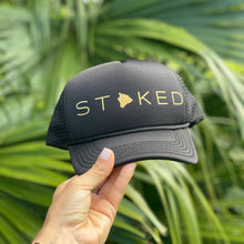 Load image into Gallery viewer, Stoked Big Island Black Trucker Hat - Keiki